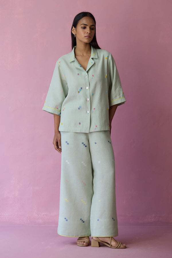 Imri Cuban Collared Jamdani Linen Co-ord Set - Aqua