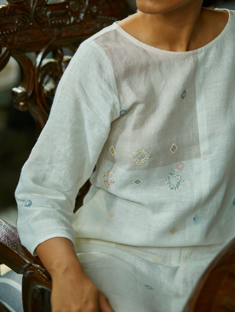 Sue Embroidered Jamdani Linen Dress