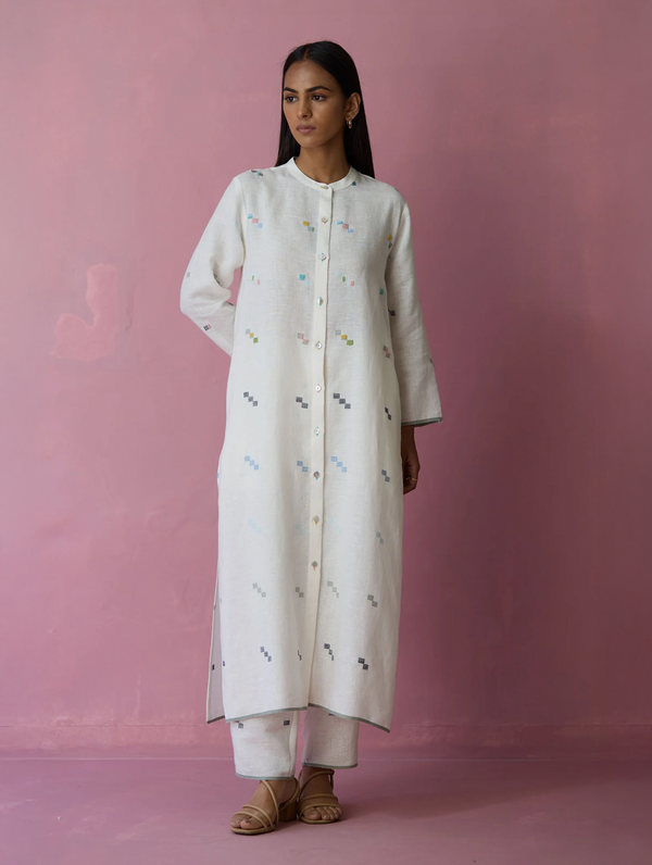 Miel Hand-Embroidered Jamdani Linen Shirt Kurta - Ivory