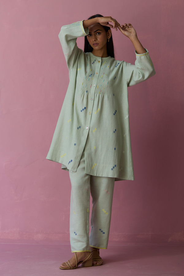 Dima Jamdani Linen Pintuck Co-ord Set - Aqua