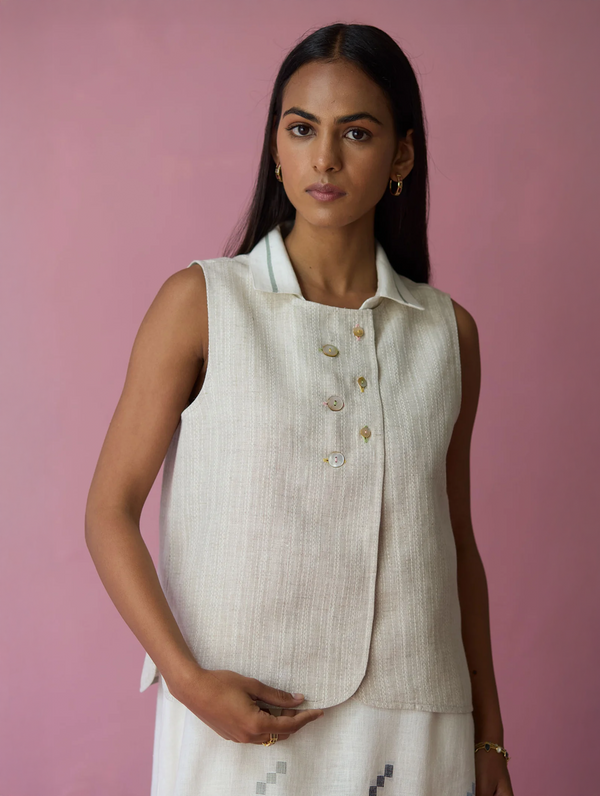 Ira Pickstitch Linen Vest - Ecru