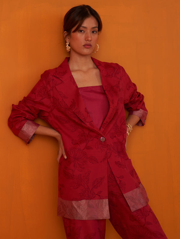Fyza Printed Silk Blazer - Fuchsia Rose