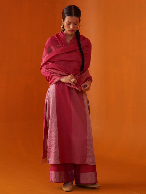 Abroo Stripe Silk Kurta - Fuchsia Rose