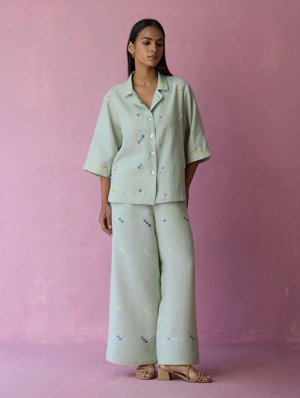 Imri Cuban Collared Jamdani Linen Co-ord Set - Aqua