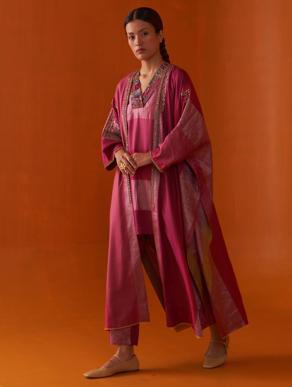 Zoya Hand-Embroidered Set With Overlay - Fuchsia Rose