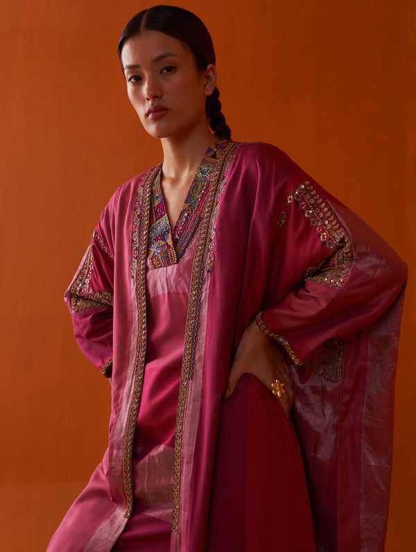 Zoya Hand-Embroidered Set With Overlay - Fuchsia Rose