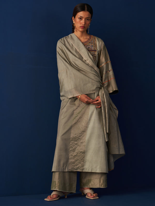 Eka Embroidered Silk Dupatta - Sage Grey