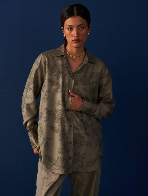 Zuna Printed Silk Co-ord Set - Sage Grey