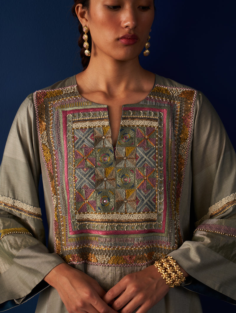Sehar Hand-Embroidered Kurta - Sage Grey