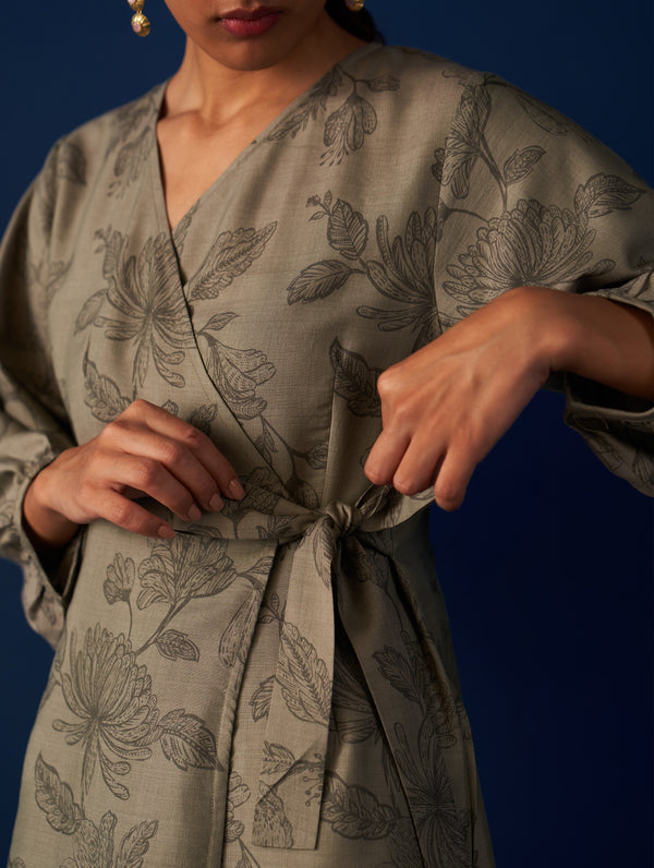 Lana Printed Silk Dress - Sage Grey