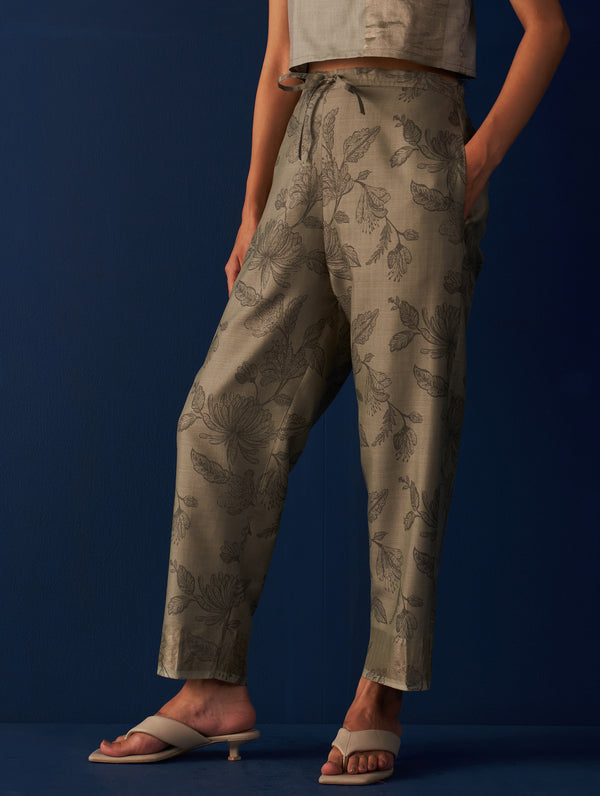 Zera Printed Silk Pants - Sage Grey