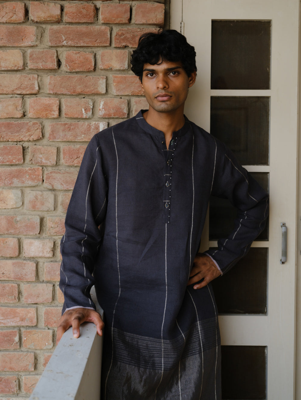 Jawahar Metallic Linen Kurta - Charcoal