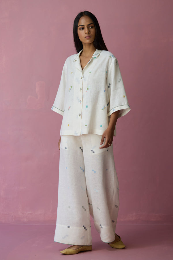 Imri Cuban Collared Jamdani Linen Co-ord Set - Ivory