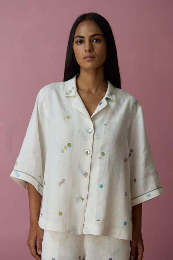 Imri Cuban Collar Jamdani Linen Shirt - Ivory