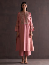 Saori Hand-Embroidered Kurta - Coral