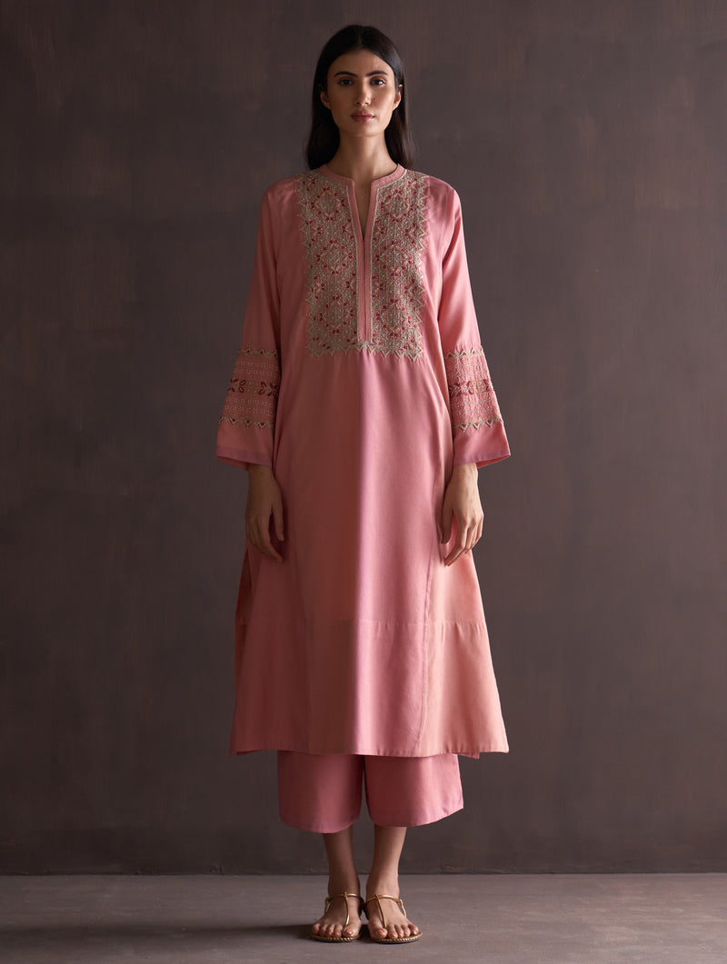 Saori Hand-Embroidered Kurta - Coral