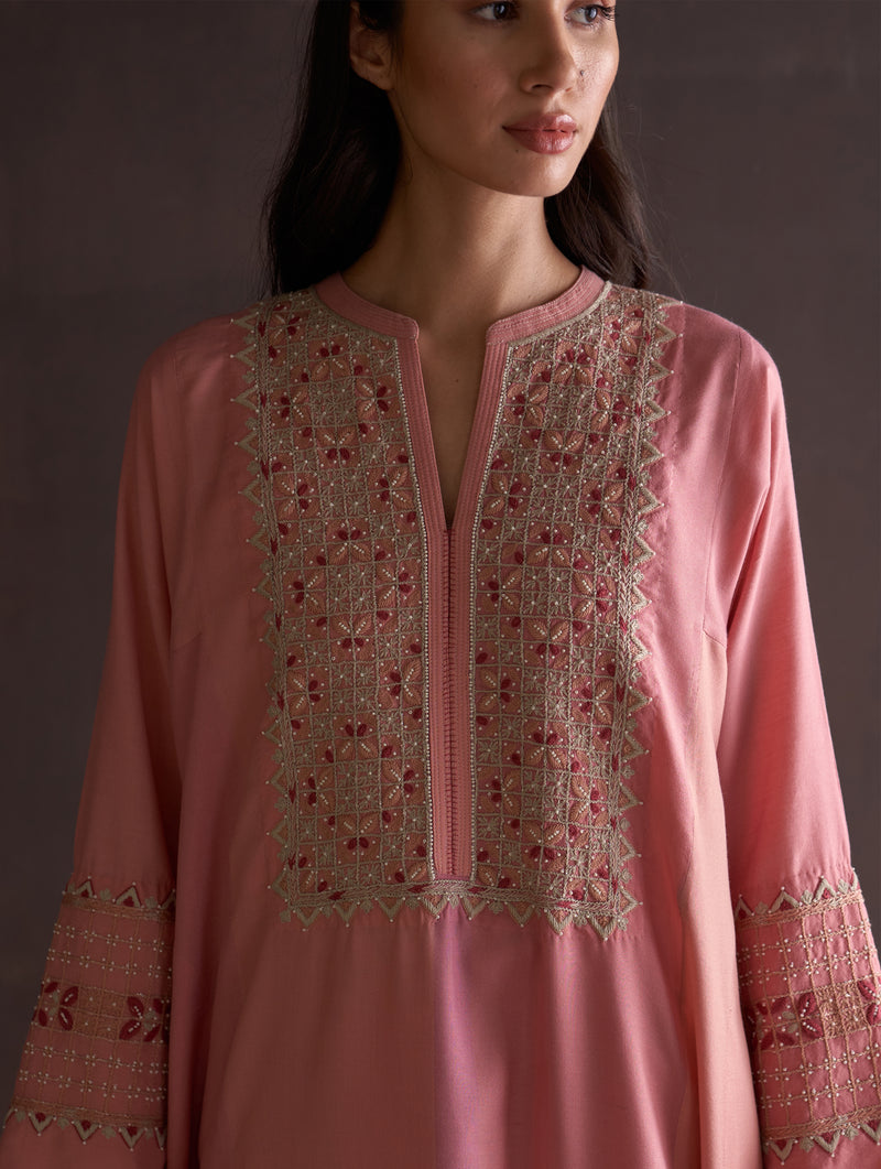 Saori Hand-Embroidered Kurta - Coral
