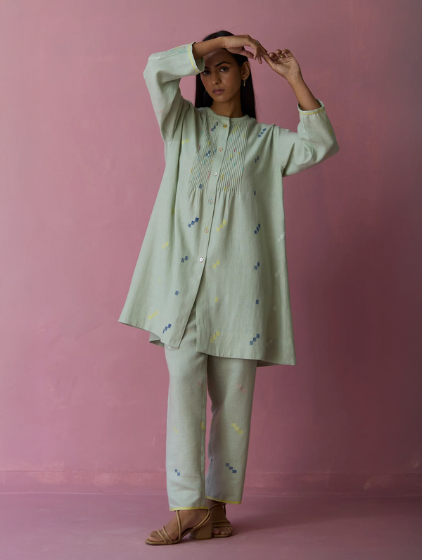 Dima Jamdani Linen Pintuck Co-ord Set - Aqua