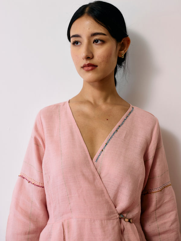 Raya Metallic Linen Wrap dress - Pink