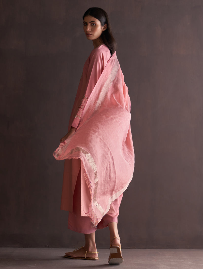Saori Hand-Embroidered Kurta Set - Coral