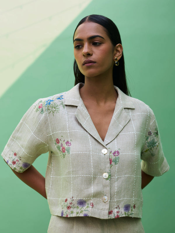 Kiera Cuban Collar Botanical Linen Shirt - Natural