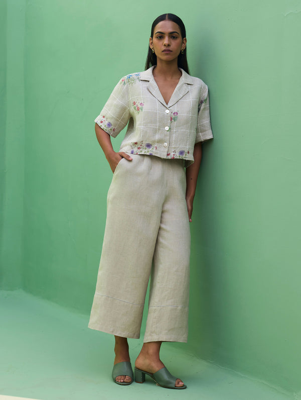 Kiera Cuban Collar Botanical Linen Shirt - Natural