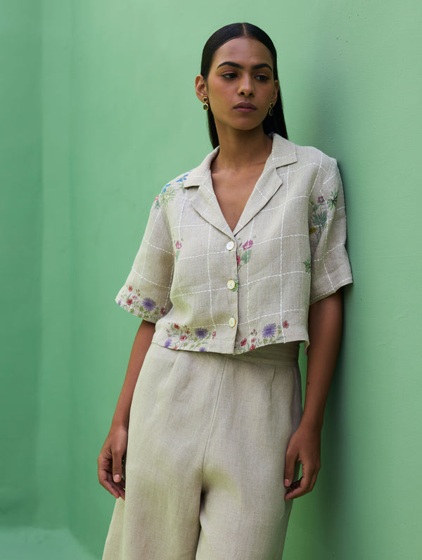 Kiera Cuban Collar Botanical Linen Shirt - Natural