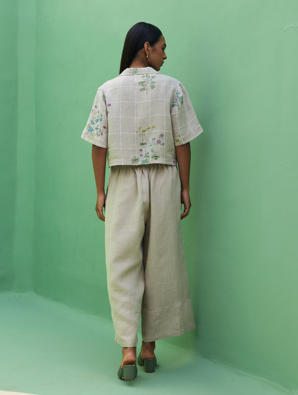 Kiera Cuban Collar Botanical Linen Shirt - Natural