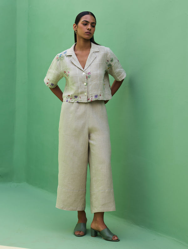 Kiera Cuban Collar Botanical Linen Shirt - Natural