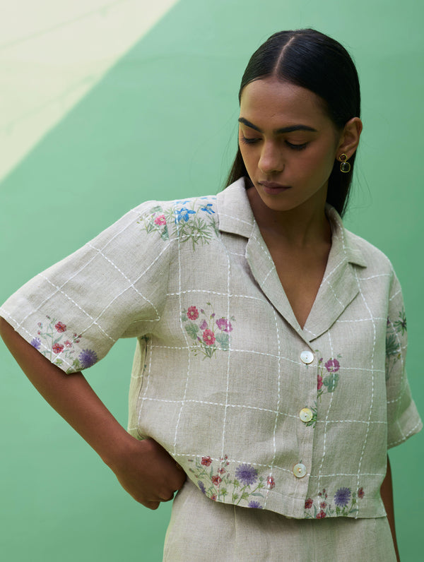 Kiera Cuban Collar Botanical Linen Shirt - Natural