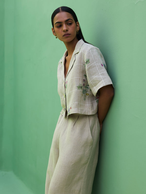 Kiera Cuban Collar Botanical Linen Shirt - Natural