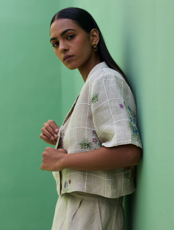 Kiera Cuban Collar Botanical Linen Shirt - Natural