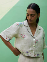 Kiera Cuban Collar Botanical Linen Shirt - Natural