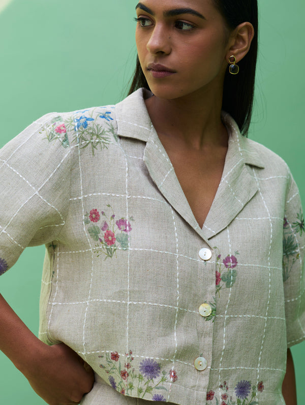 Kiera Cuban Collar Botanical Linen Shirt - Natural