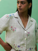 Kiera Cuban Collar Botanical Linen Shirt - Natural