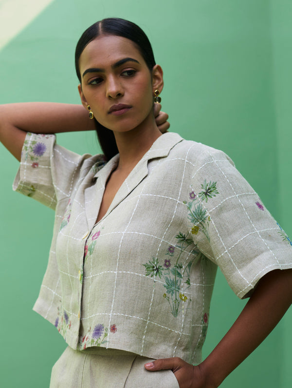 Kiera Cuban Collar Botanical Linen Shirt - Natural
