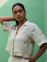 Kiera Cuban Collar Botanical Linen Shirt - Natural
