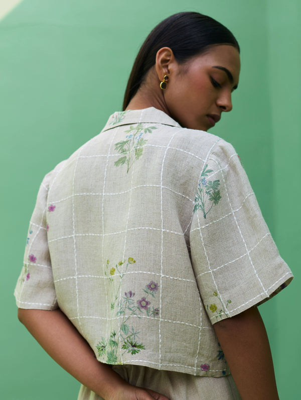 Kiera Cuban Collar Botanical Linen Shirt - Natural
