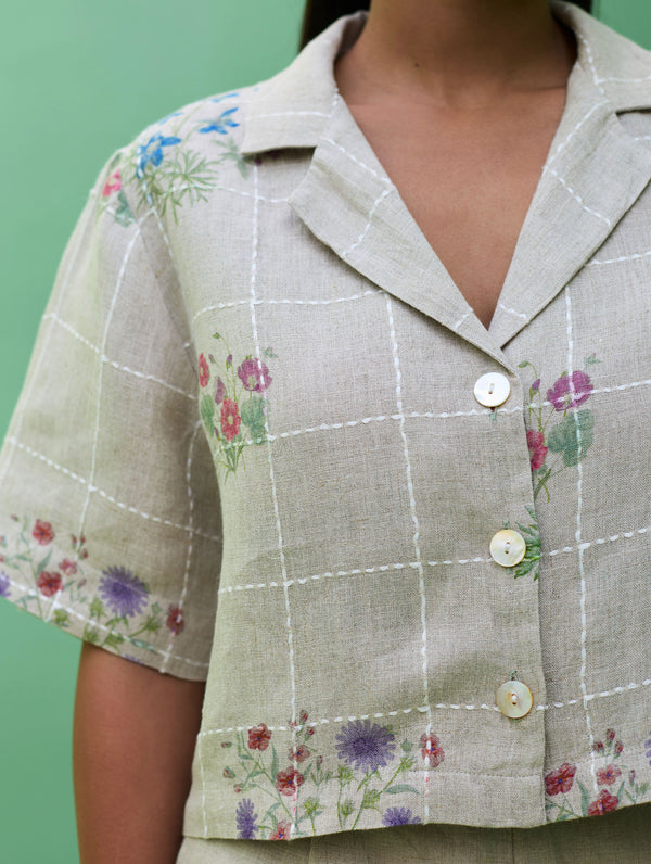 Kiera Cuban Collar Botanical Linen Shirt - Natural