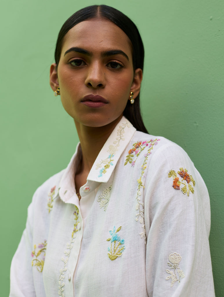 Alila Hand-Embroidered Linen Shirt -  White
