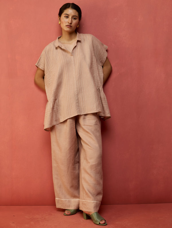 Bonnie Pleated Stripe Linen Top - Dusty Rose