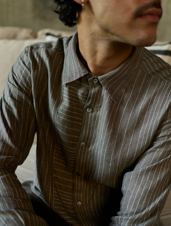 Taka Panelled Stripe Linen Shirt - Grey