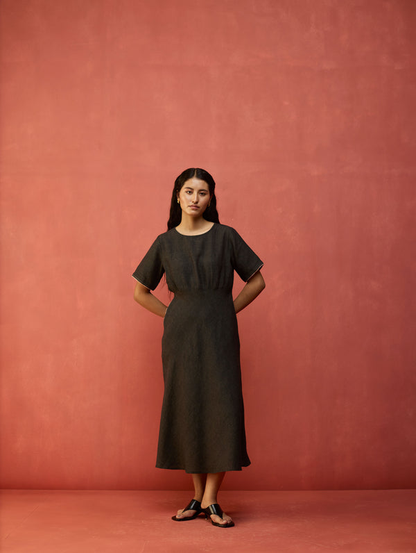 Fumi Bias Skirt Stripe Linen Dress - Charcoal