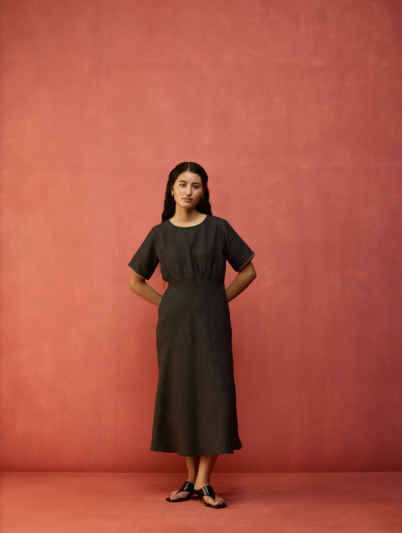 Fumi Bias Skirt Stripe Linen Dress - Charcoal