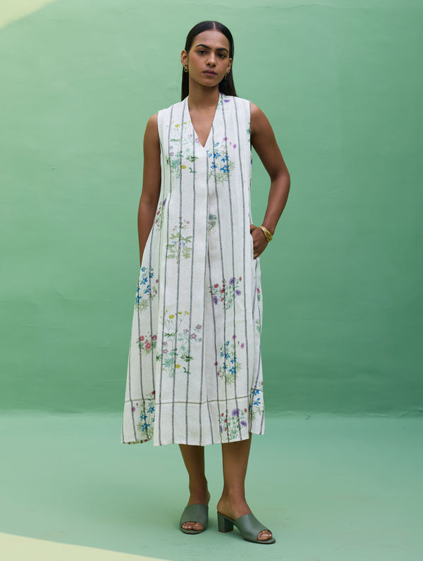 Ita Pleated Floral Stripe Linen Dress - Ivory