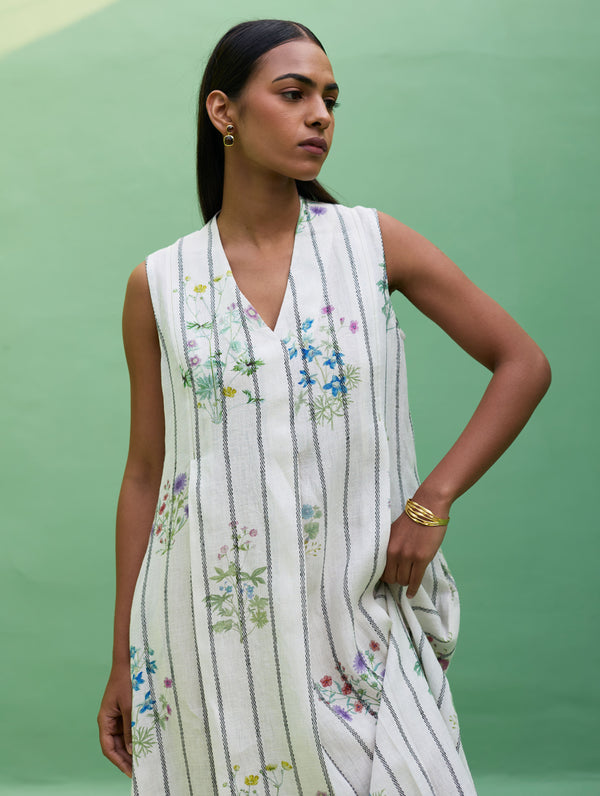 Ita Pleated Floral Stripe Linen Dress - Ivory