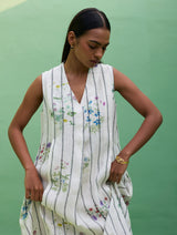Ita Pleated Floral Stripe Linen Dress - Ivory