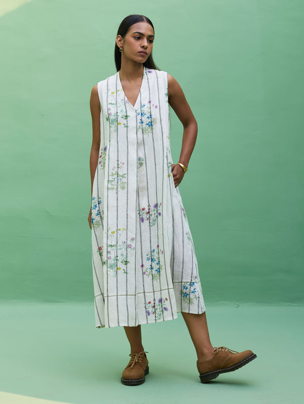 Ita Pleated Floral Stripe Linen Dress - Ivory