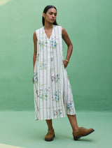 Ita Pleated Floral Stripe Linen Dress - Ivory