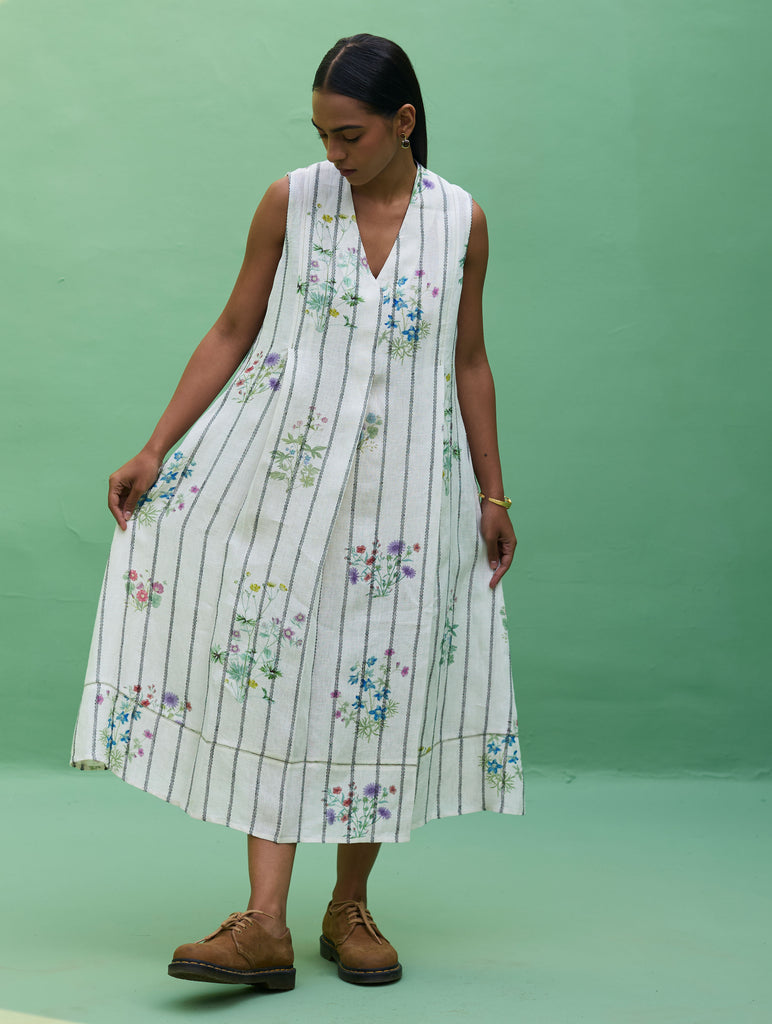 Ita Pleated Floral Stripe Linen Dress - Ivory